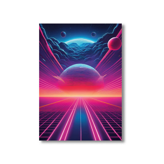 Neon pathway across an ocean leading to a glowing full moon under a vibrant retro-futuristic night sky.