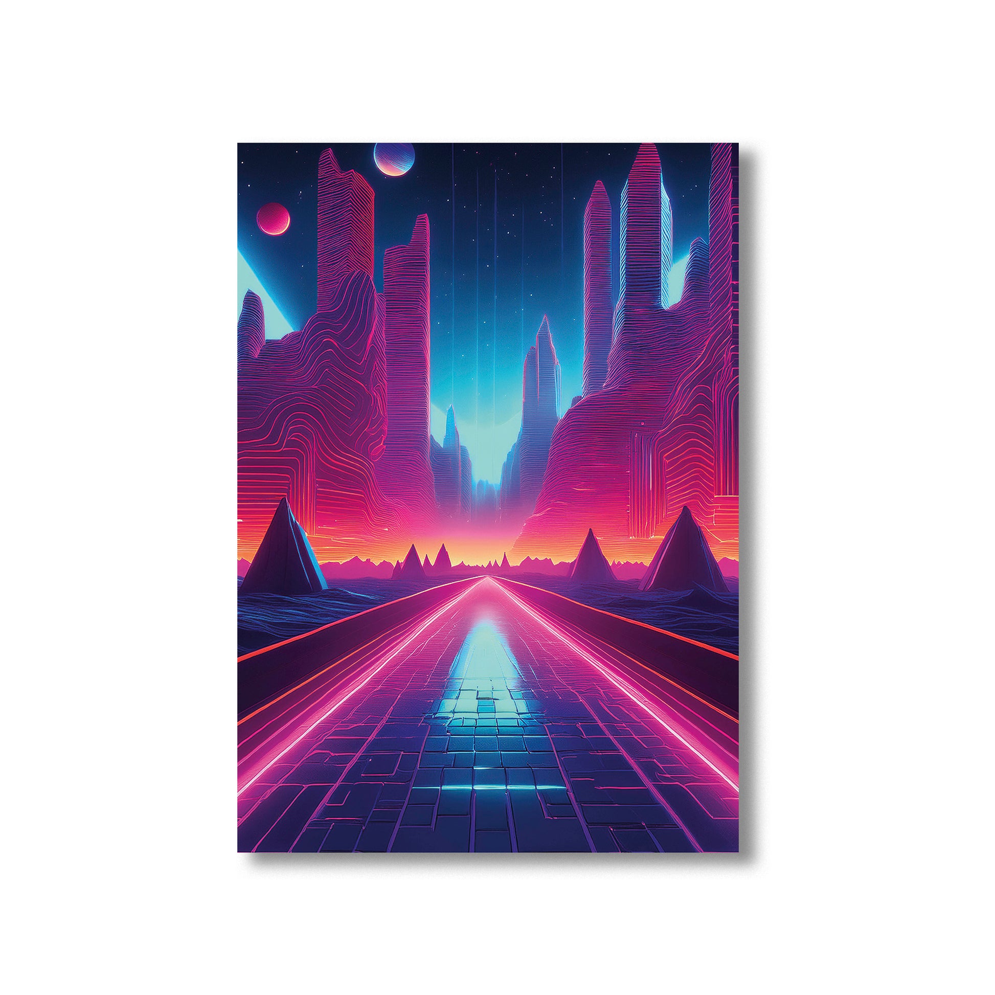 Neon pathway winding through mountains toward a glowing sunset in vibrant retro-futuristic synthwave colors.