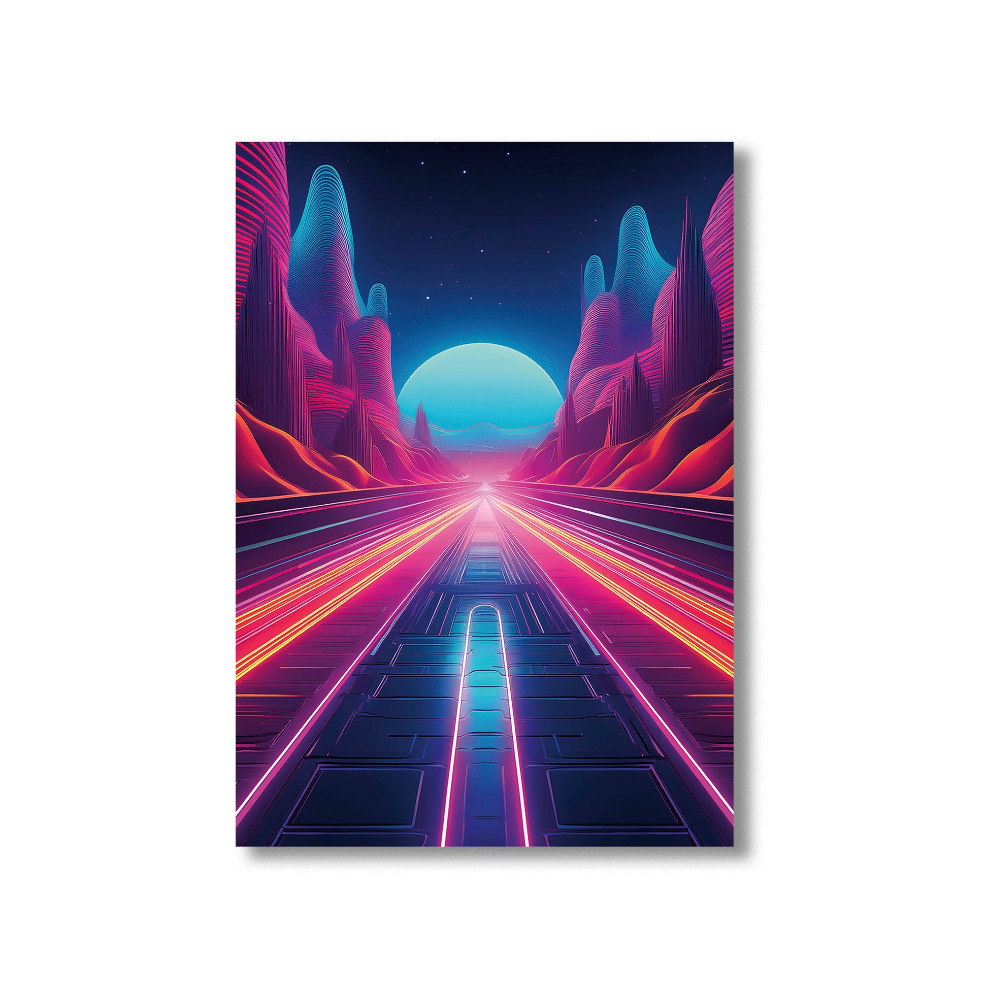 Neon pathway across an ocean leading to a glowing full moon under a vibrant synthwave night sky.