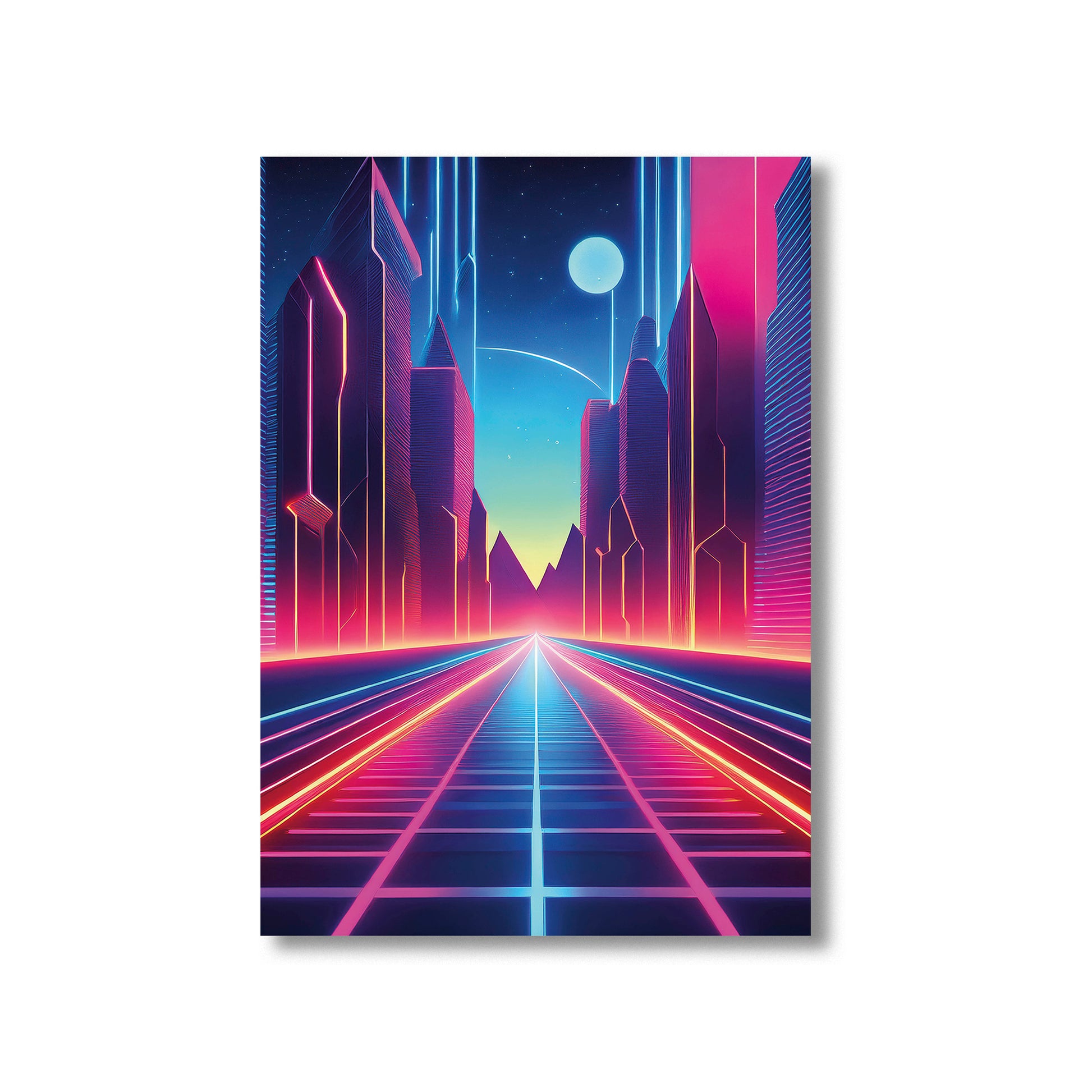 Neon pathway across an ocean leading to a glowing full moon under a vibrant synthwave night sky.