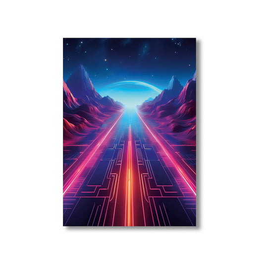 Neon pathway leading across an ocean to a glowing full moon set against a radiant retro-futuristic horizon.
