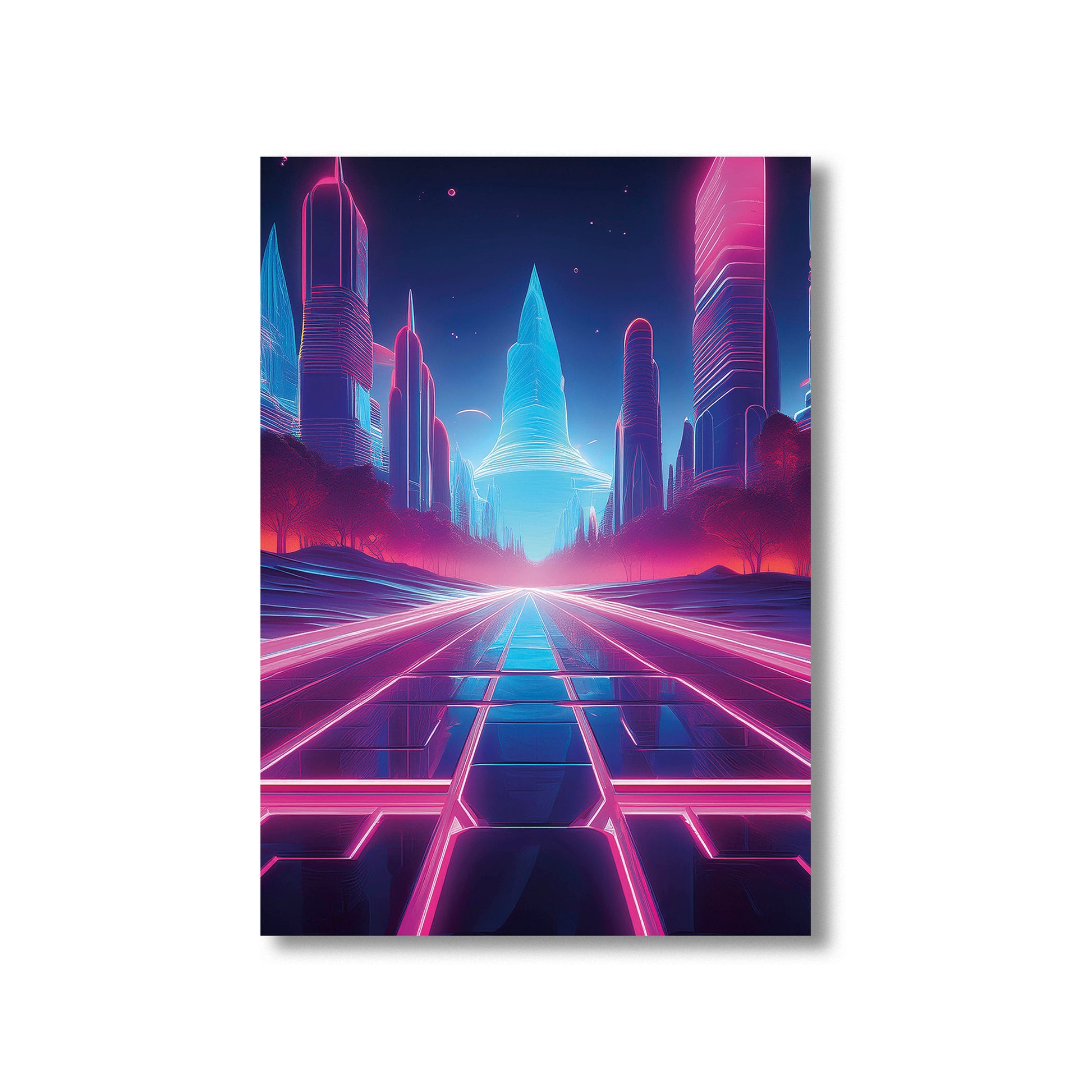 Neon skyscraper cityscape silhouetted against a glowing retro-futuristic sunset in vibrant synthwave colors.