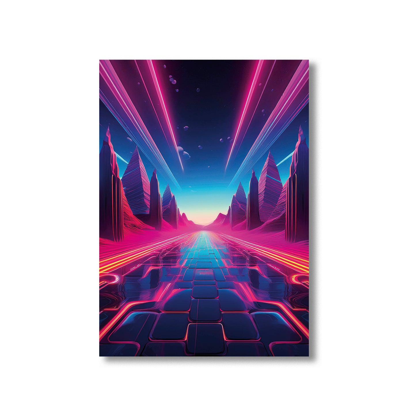 Neon skyscraper cityscape silhouetted against a glowing retro-futuristic sunset in vibrant synthwave colors.