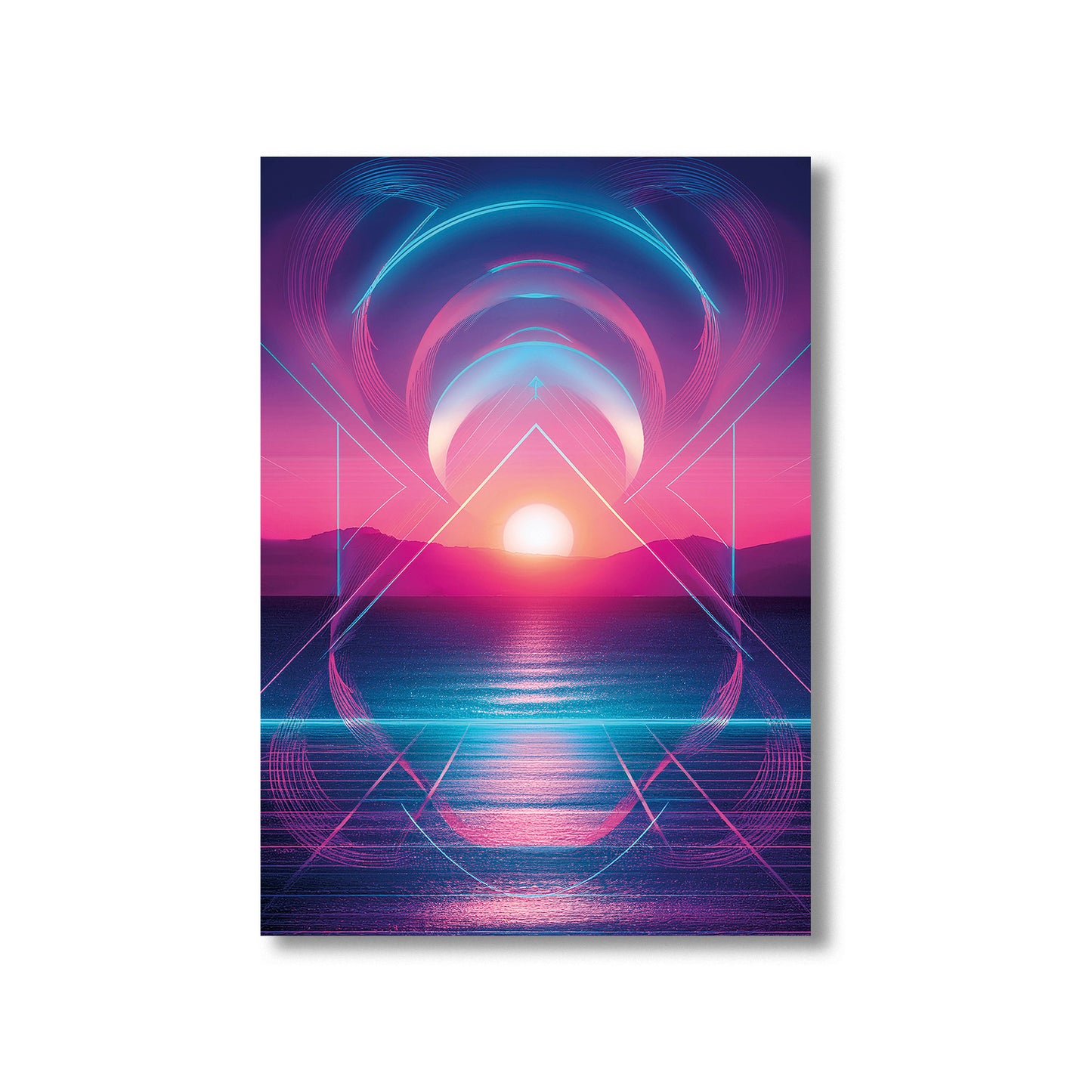 "Vibrant neon sunset over an ocean horizon with retro-futuristic geometric shapes in pink, purple, and blue synthwave style."