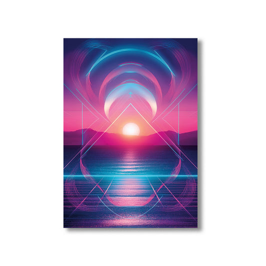"Vibrant neon sunset over an ocean horizon with retro-futuristic geometric shapes in pink, purple, and blue synthwave style."