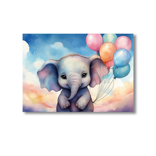 Watercolor baby elephant holding pastel balloons nursery wall art print