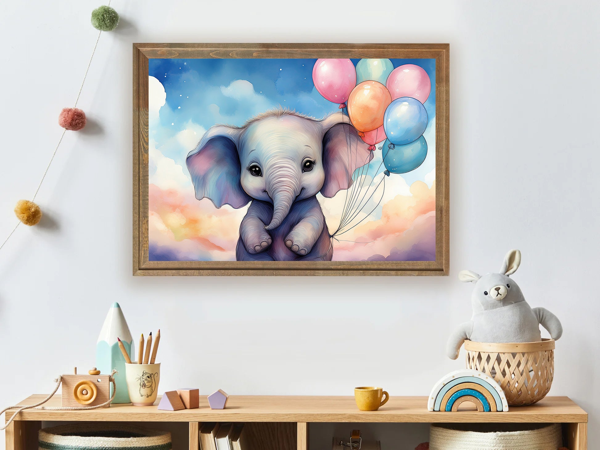 Watercolor baby elephant holding pastel balloons nursery wall art print