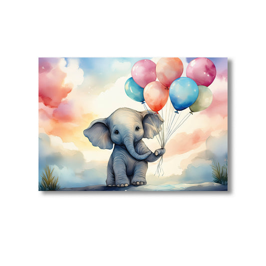 Watercolor baby elephant holding pastel balloons nursery wall art print