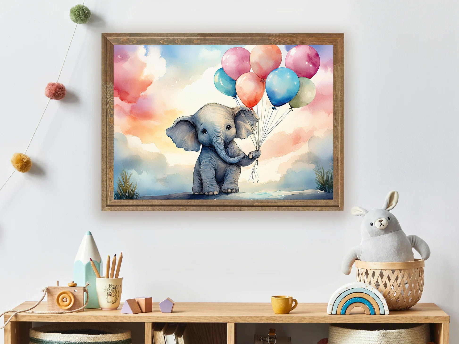 Watercolor baby elephant holding pastel balloons nursery wall art print