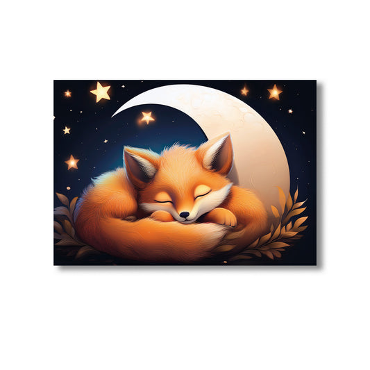 Baby fox sleeping under crescent moon with stars nursery wall art