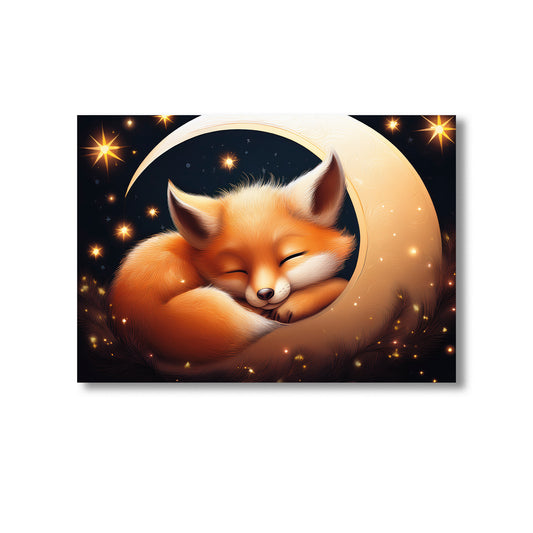 Baby fox sleeping under crescent moon with stars nursery wall art