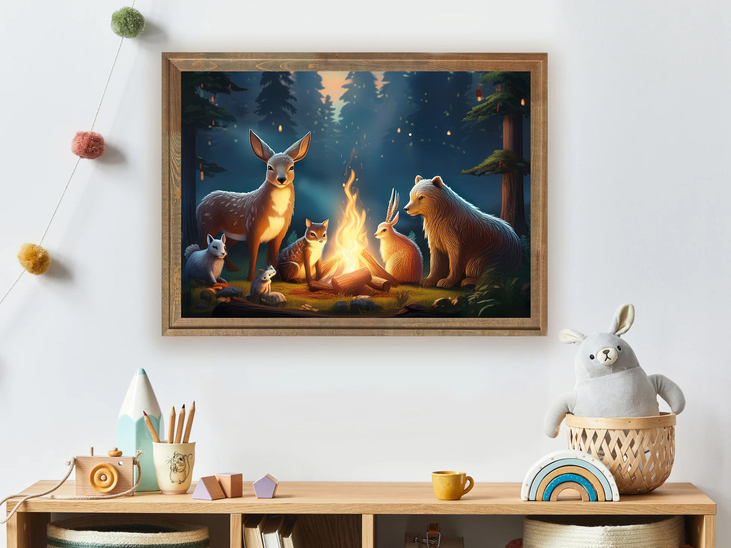 Baby fox sleeping under crescent moon with stars nursery wall art