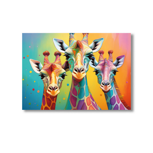 Giraffe family with pastel rainbow nursery wall art