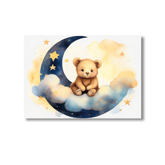 Baby bear sitting on crescent moon with clouds nursery wall art