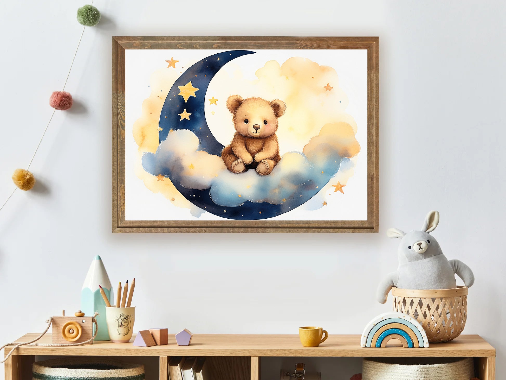 Baby bear sitting on crescent moon with clouds nursery wall art