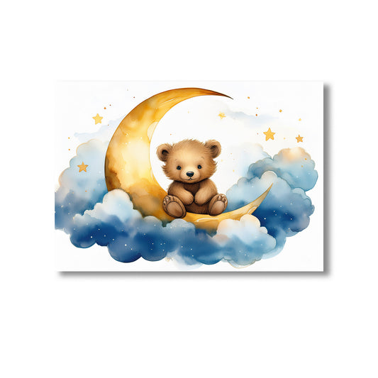 Baby bear sitting on crescent moon with clouds nursery wall art