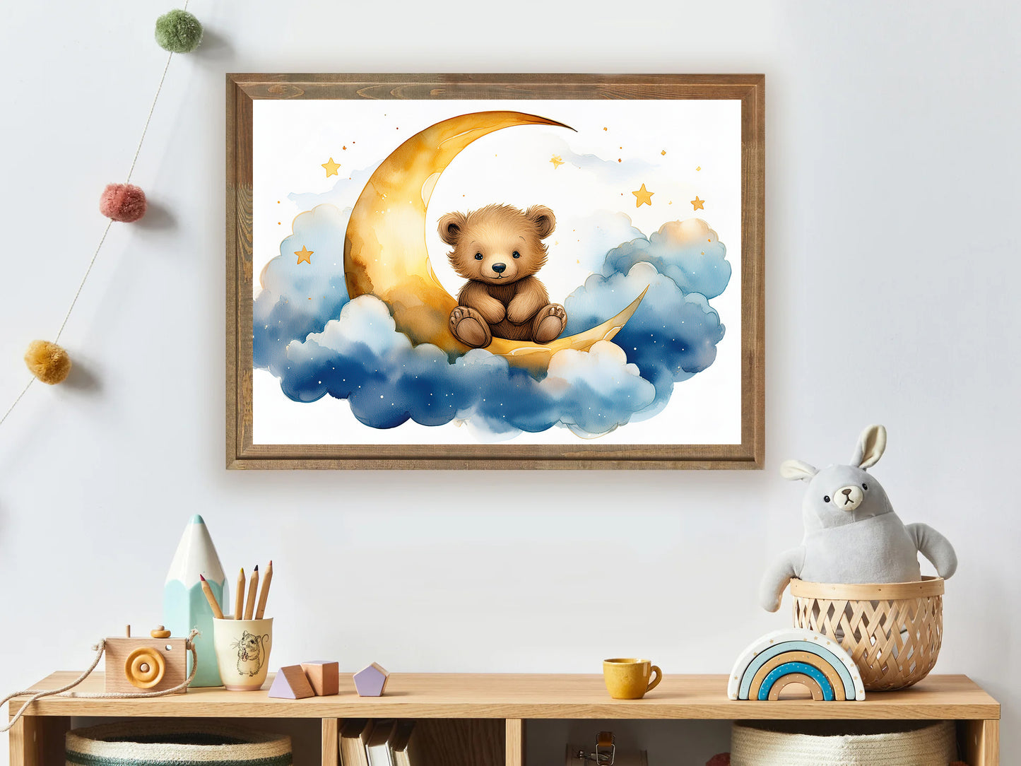 Baby bear sitting on crescent moon with clouds nursery wall art