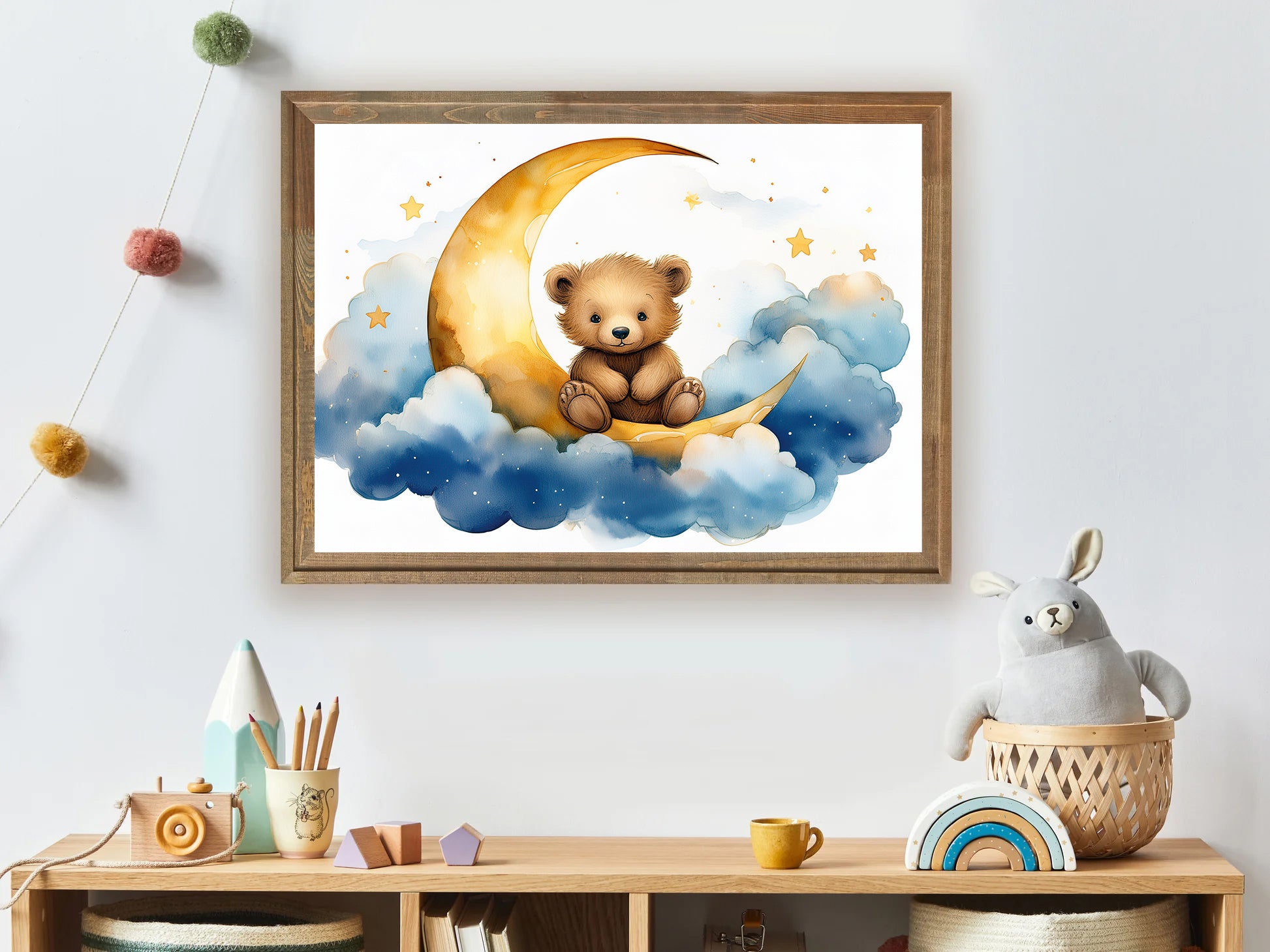 Baby bear sitting on crescent moon with clouds nursery wall art