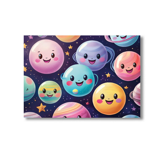 Pastel planets with smiling faces galaxy nursery wall art