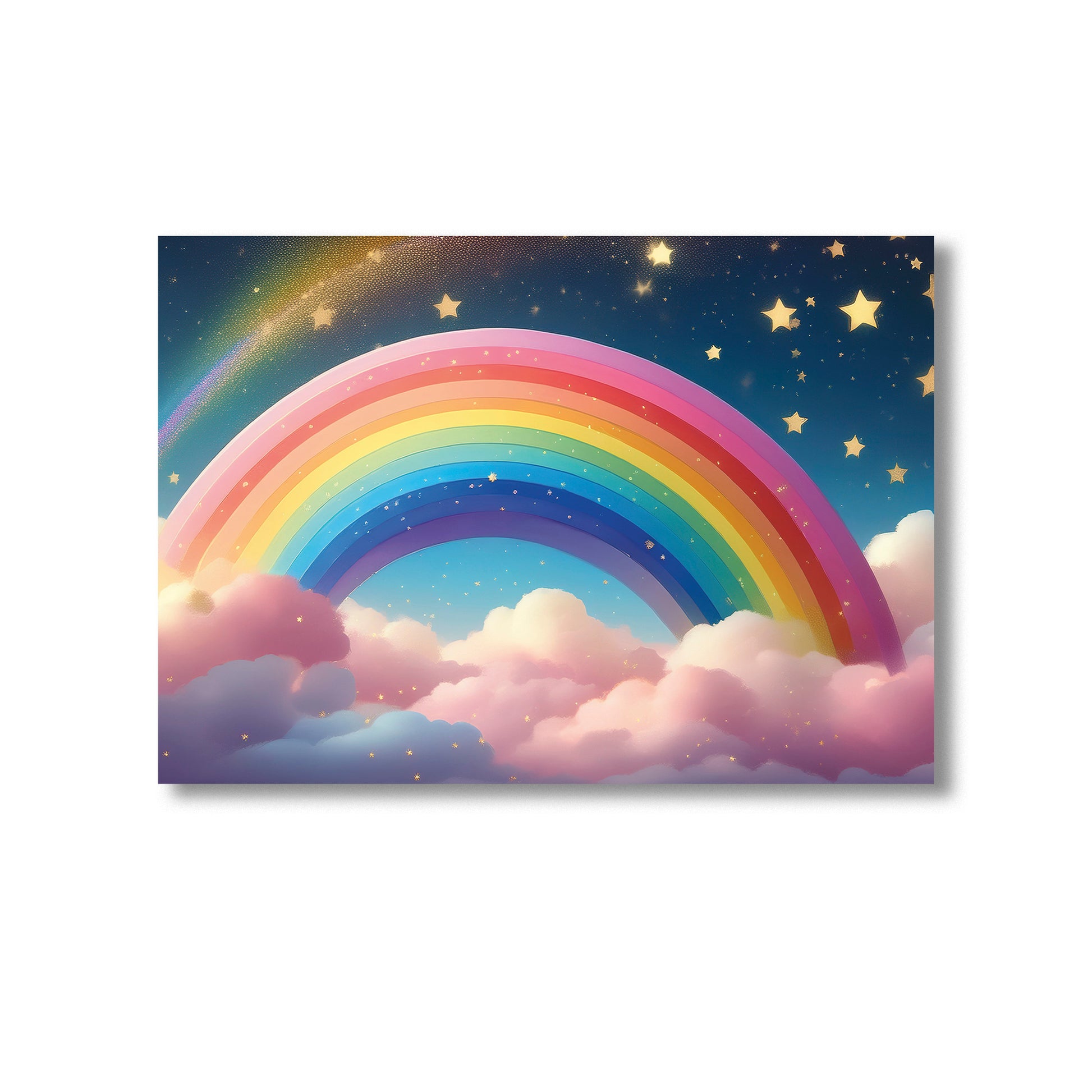 Pastel rainbow over fluffy clouds with stars nursery wall art