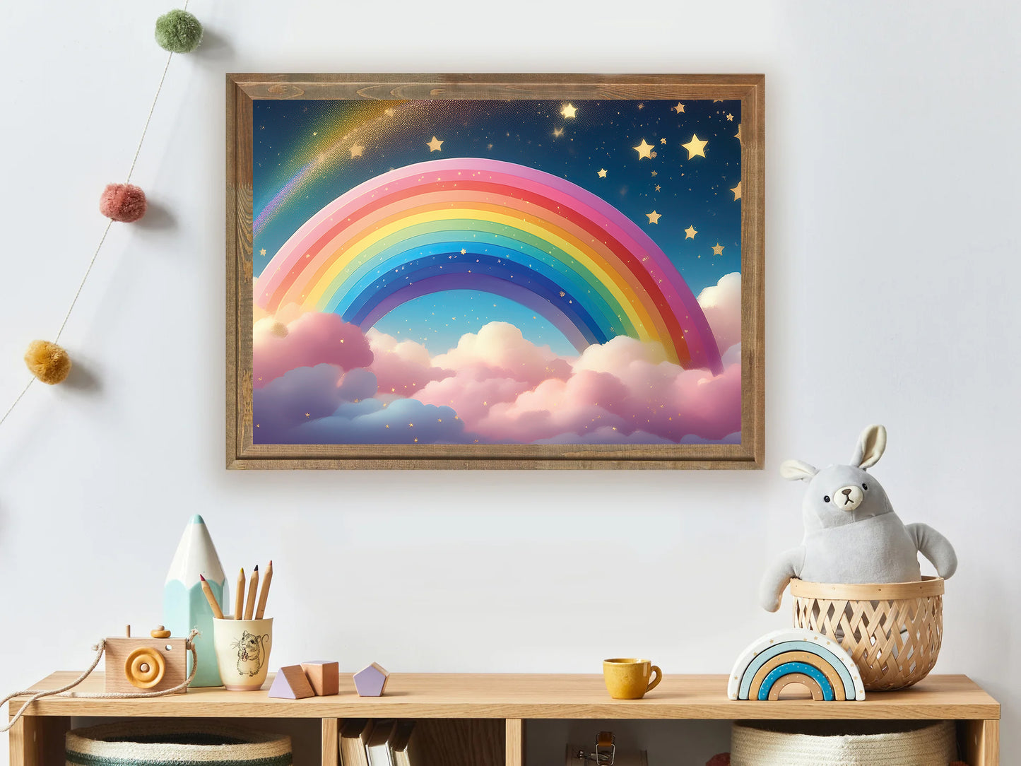 Pastel rainbow over fluffy clouds with stars nursery wall art