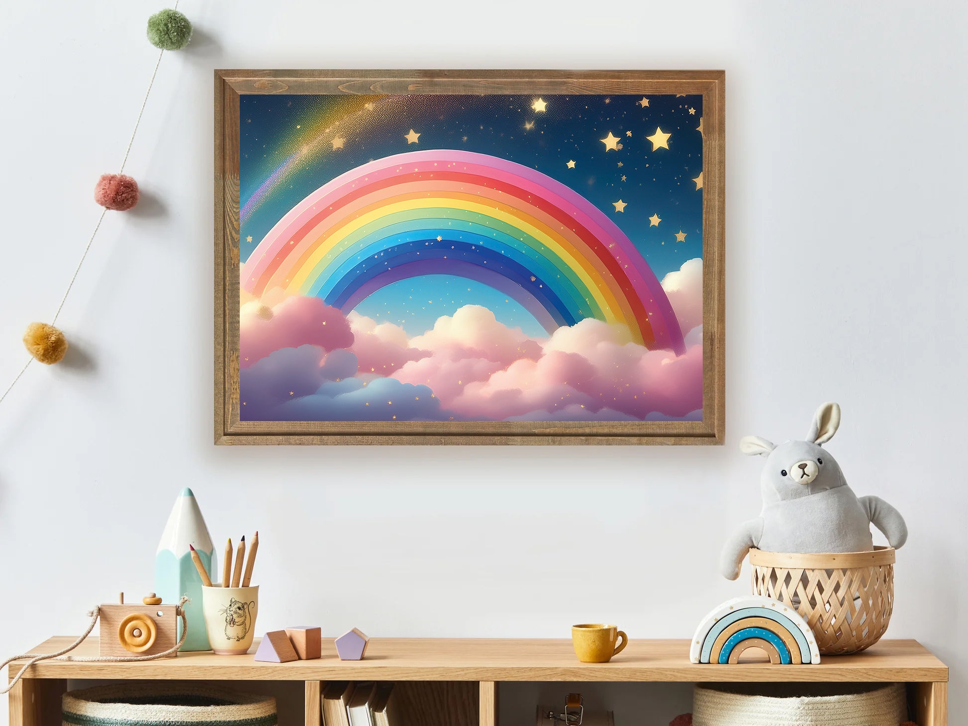 Pastel rainbow over fluffy clouds with stars nursery wall art