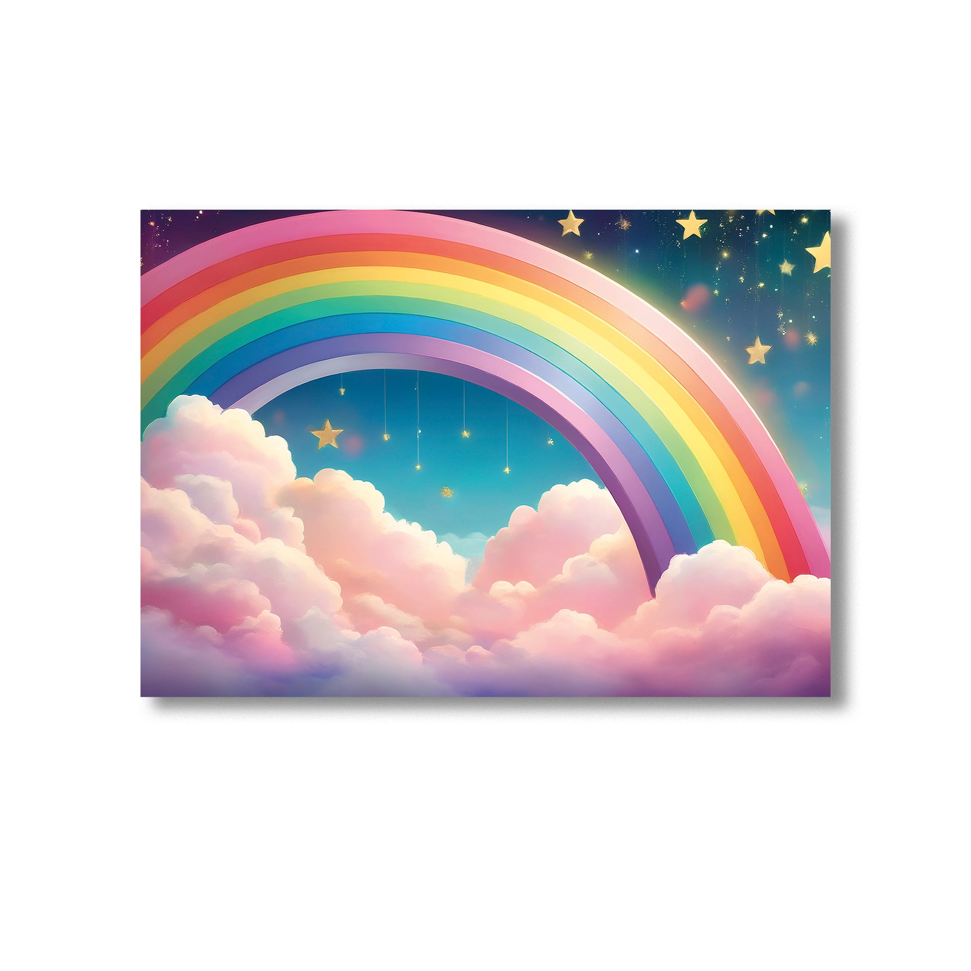 Pastel rainbow over fluffy clouds with stars nursery wall art