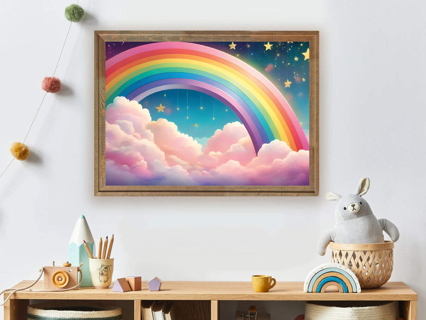Pastel rainbow over fluffy clouds with stars nursery wall art