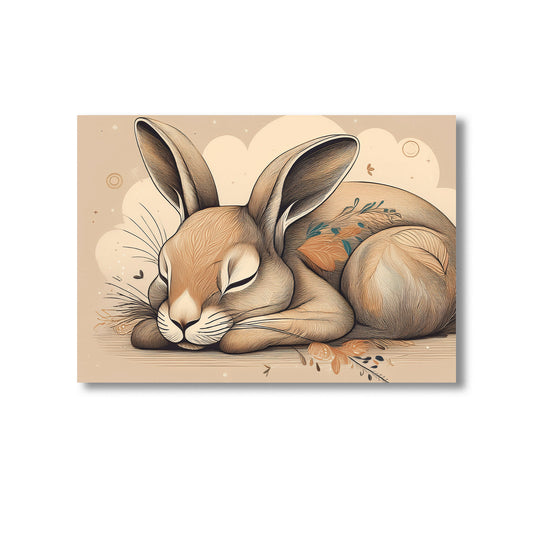 Illustration of a sleeping rabbit with flowers on a beige background