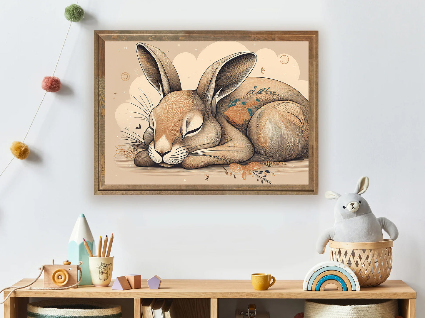 Framed artwork of a rabbit on a wall above a wooden shelf with decorative items.