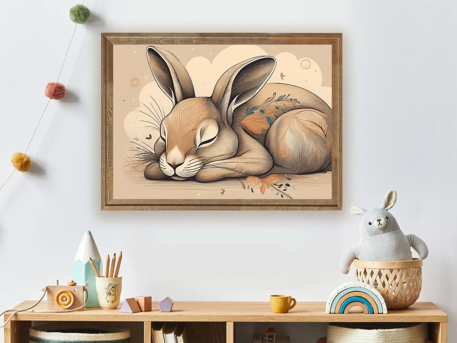 Framed artwork of a rabbit on a wall above a wooden shelf with decorative items.
