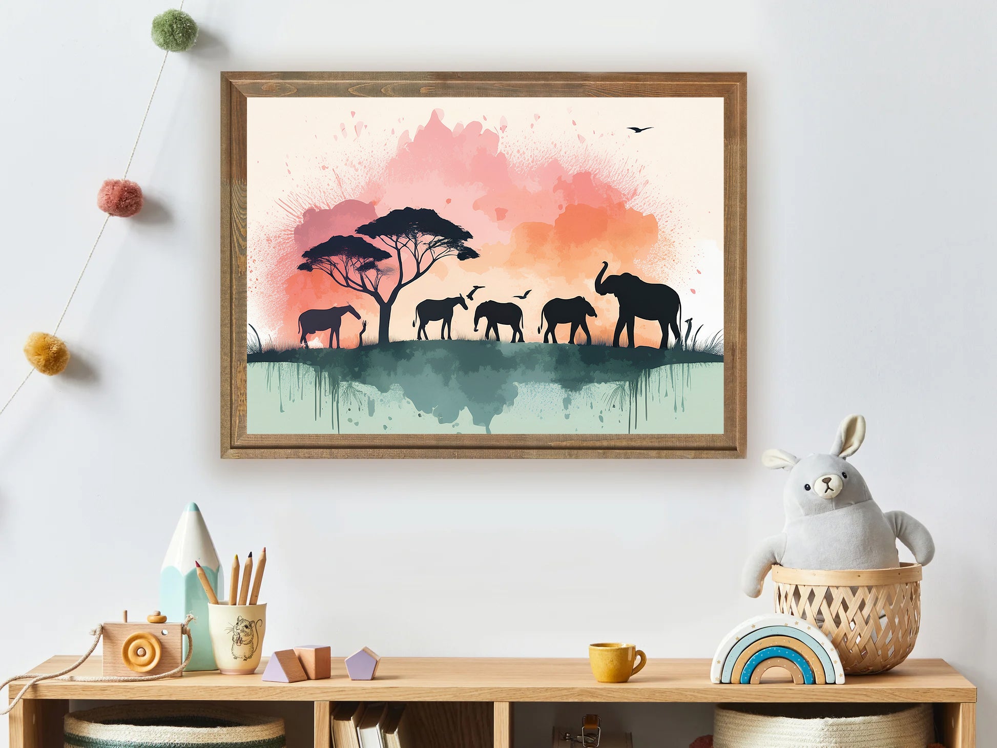 Safari animal silhouettes with pastel watercolor splashes nursery wall art