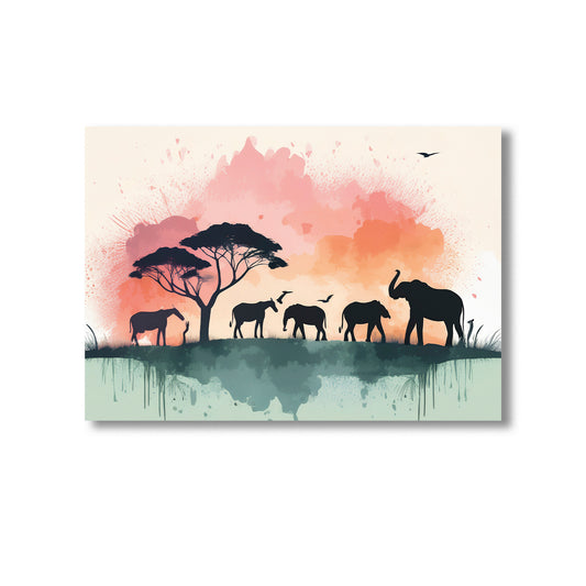 Safari animal silhouettes with pastel watercolor splashes nursery wall art