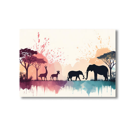 Safari animal silhouettes with pastel watercolor splashes nursery wall art