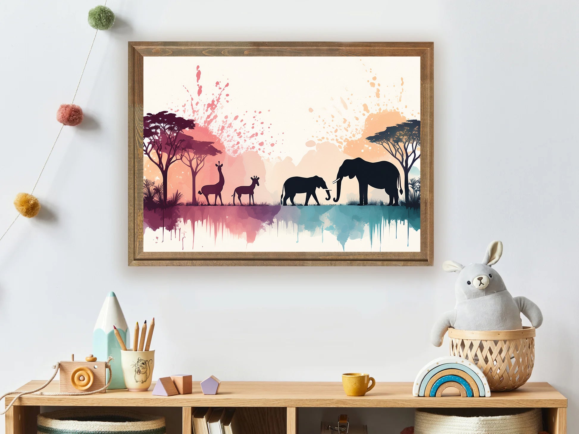 Safari animal silhouettes with pastel watercolor splashes nursery wall art