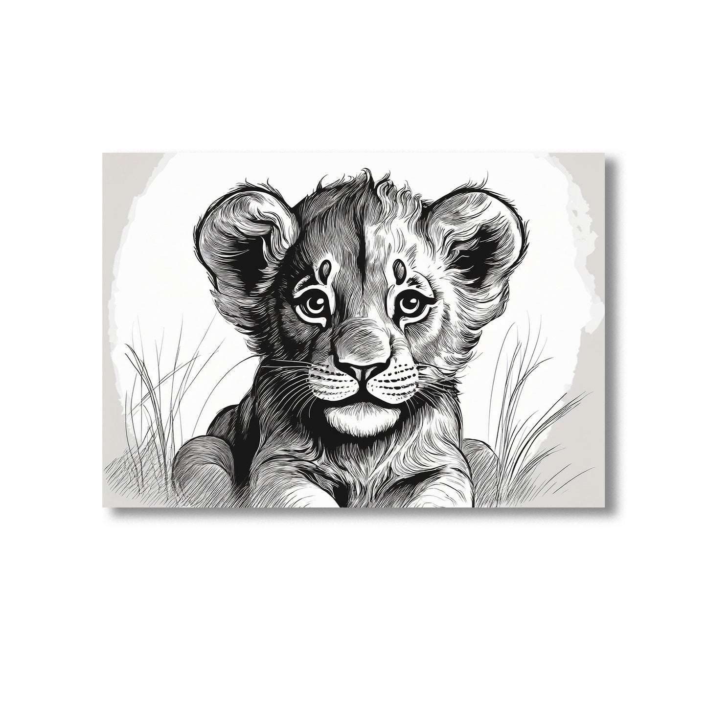 Black and white illustration of a lion cub on a light gray background