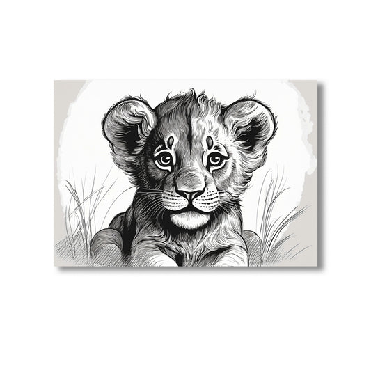 Black and white illustration of a lion cub on a light gray background