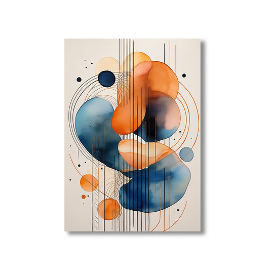 Abstract art print with blue and orange shapes on a beige background