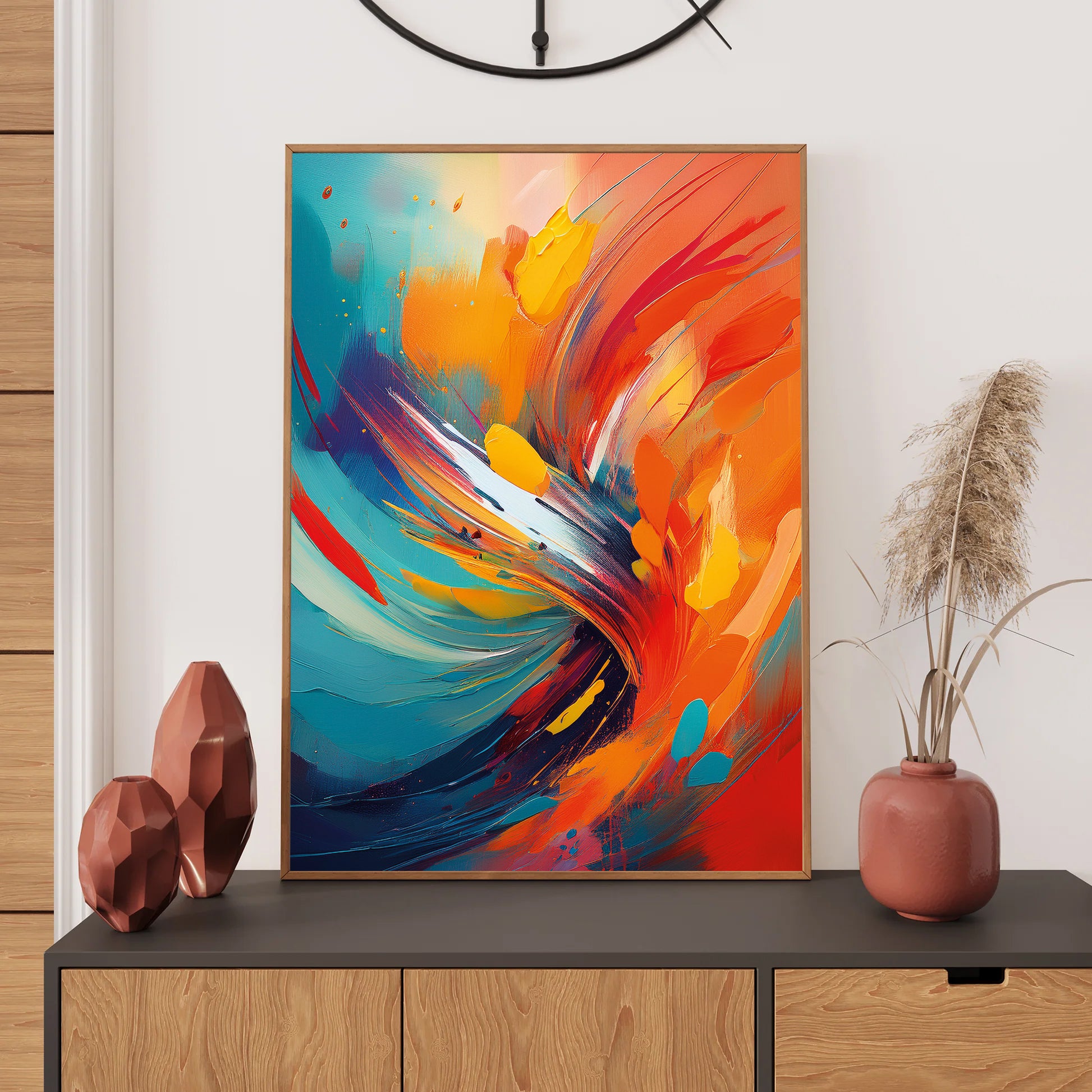 Colorful abstract painting on a wall above a wooden cabinet with decorative items.