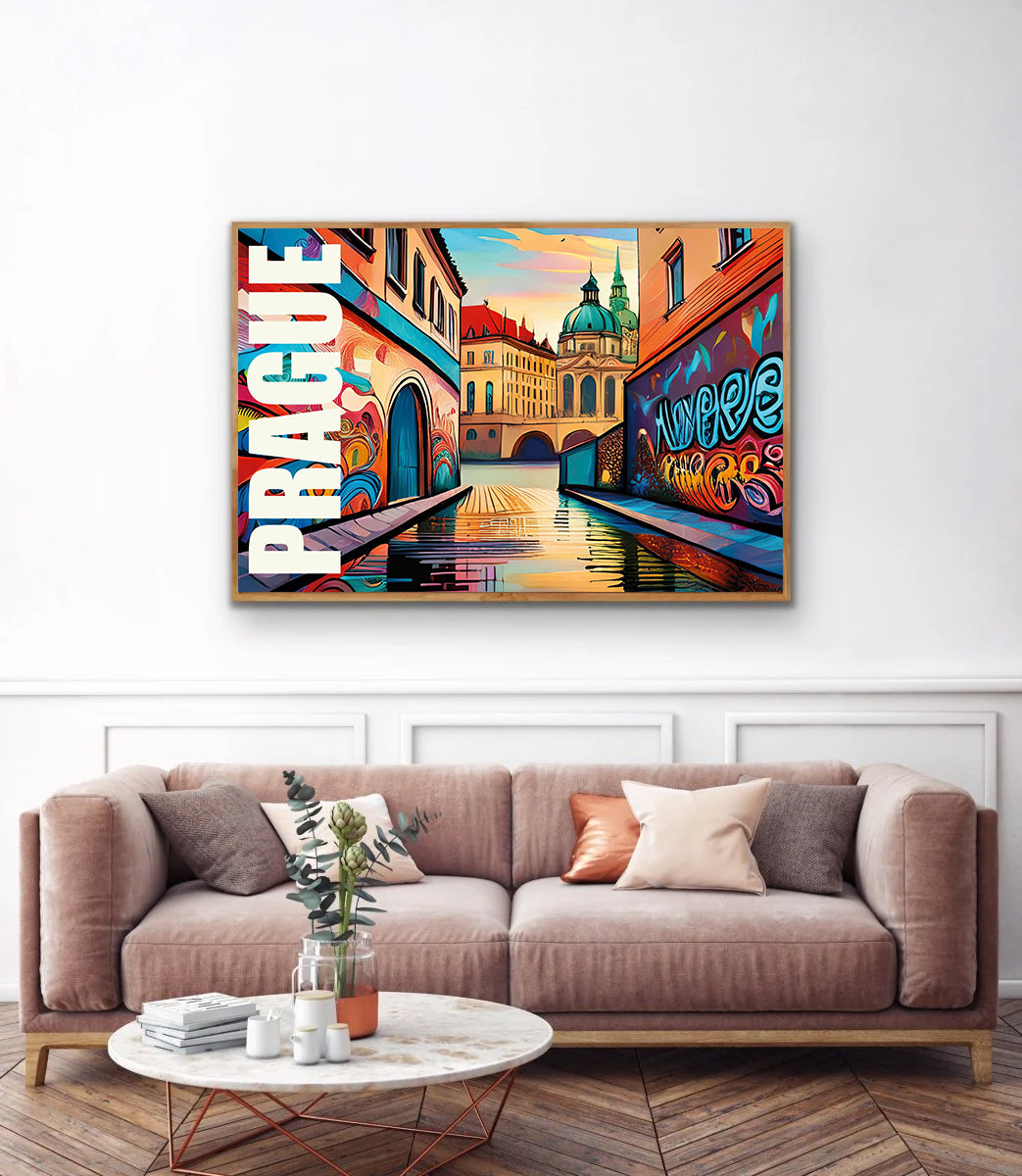 Prague graffiti wall art print digital download showcasing colorful urban street art mural inspired by Prague’s historic and vibrant street culture, perfect for contemporary home decor, graffiti art fans, and modern wall art collectors.