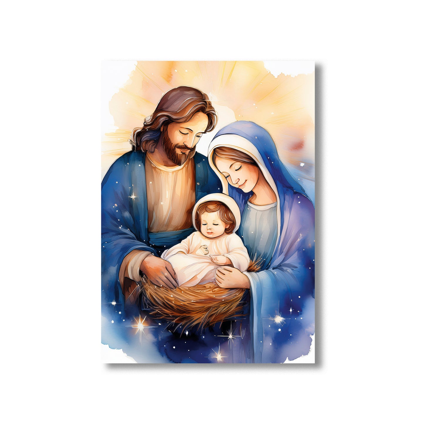 Watercolor nativity with Mary, Joseph, and baby Jesus under star