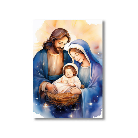 Watercolor nativity with Mary, Joseph, and baby Jesus under star