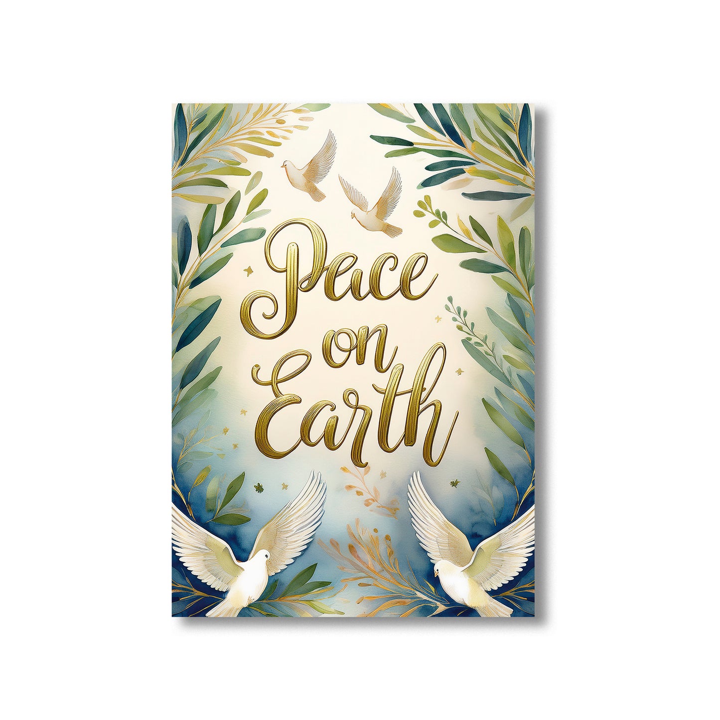 Peace on Earth gold lettering with watercolor doves and olive branches