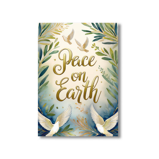 Peace on Earth gold lettering with watercolor doves and olive branches