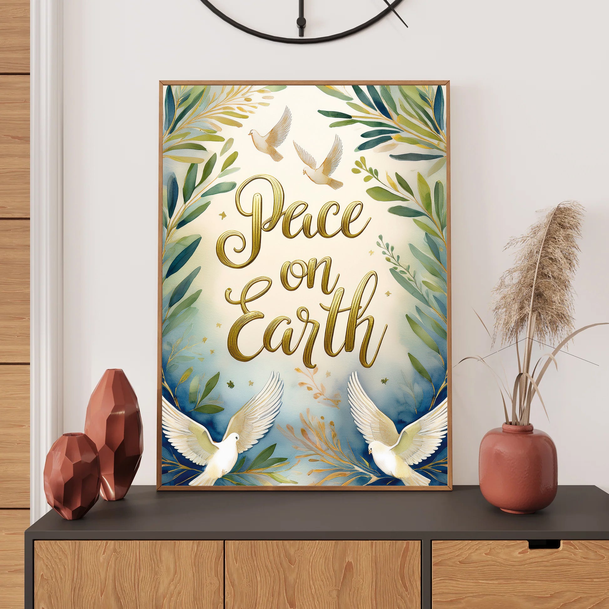 Peace on Earth gold lettering with watercolor doves and olive branches