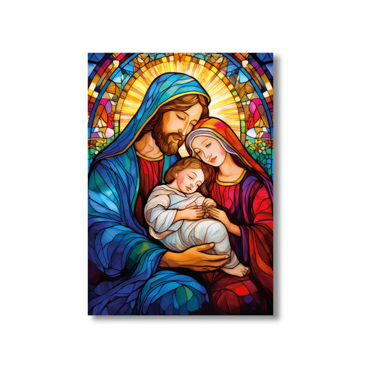 Stained glass style nativity with radiant light