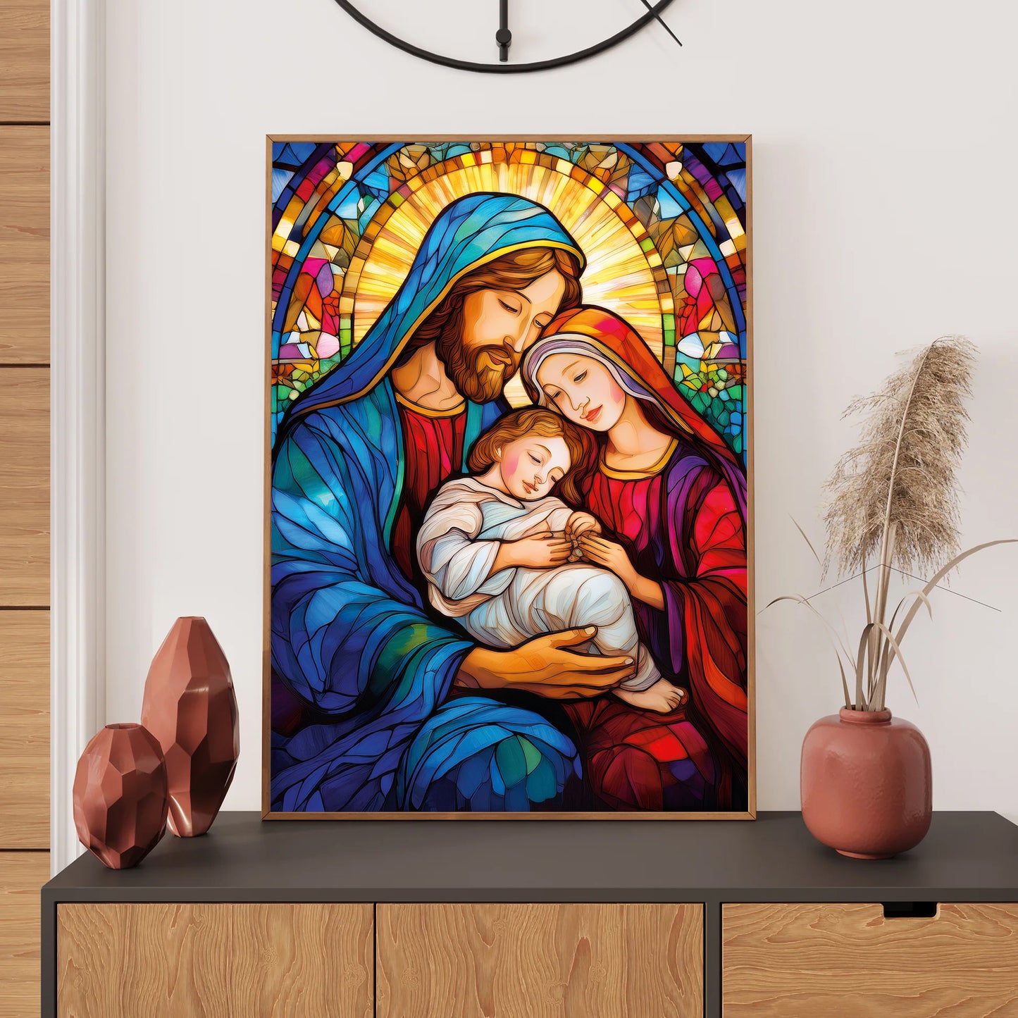 Stained glass style nativity with radiant light