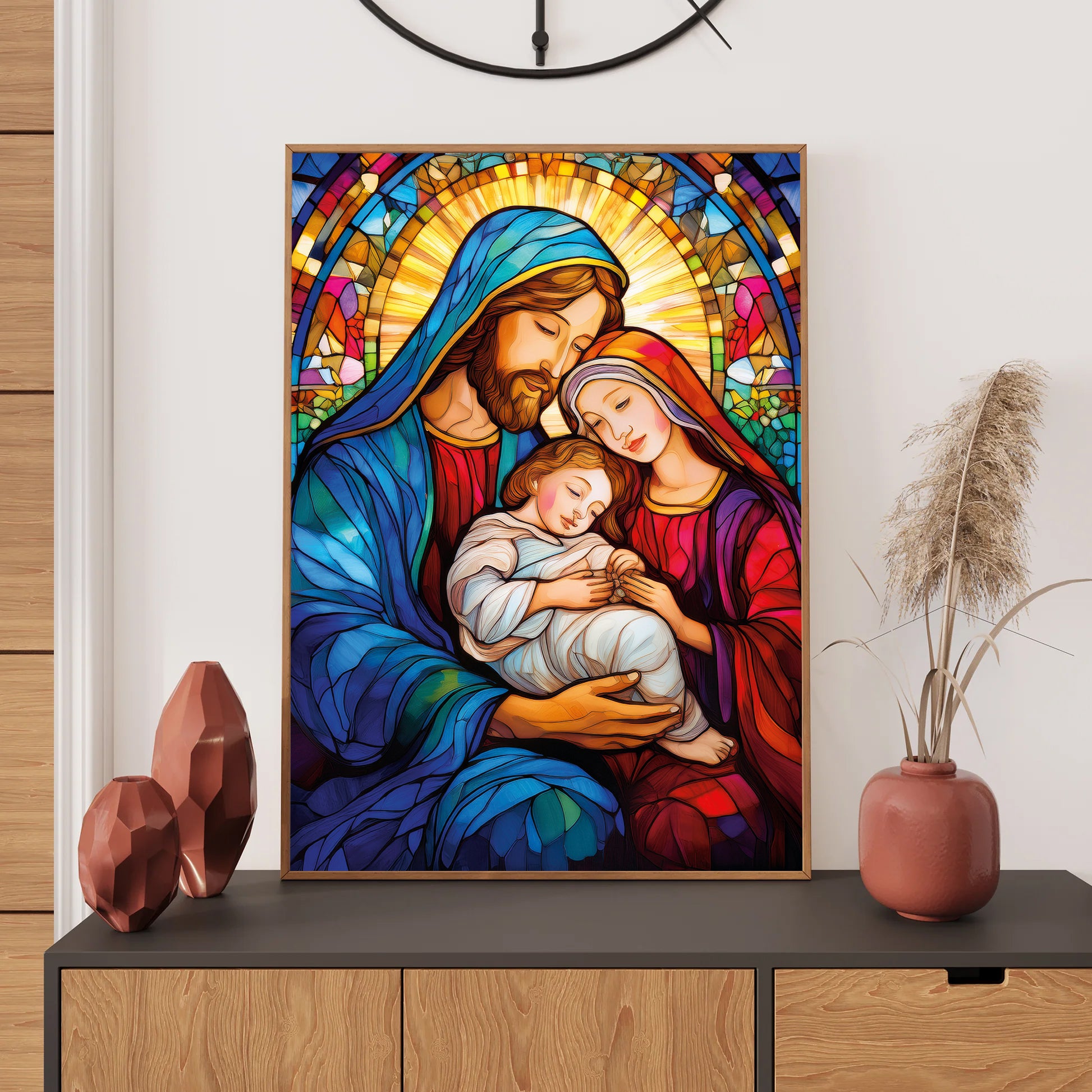 Stained glass style nativity with radiant light