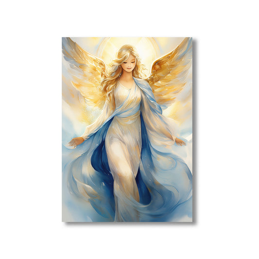 Watercolor angel in golden light over Bethlehem