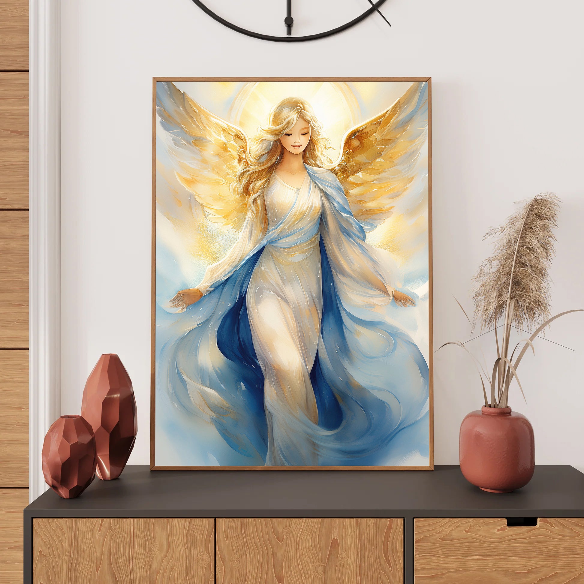 Watercolor angel in golden light over Bethlehem